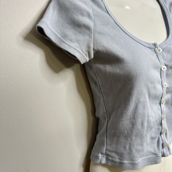 Brandy Melville | Light Dusty Blue Ribbed Button Short Sleeve Crop Shirt OS - Picture 12 of 13